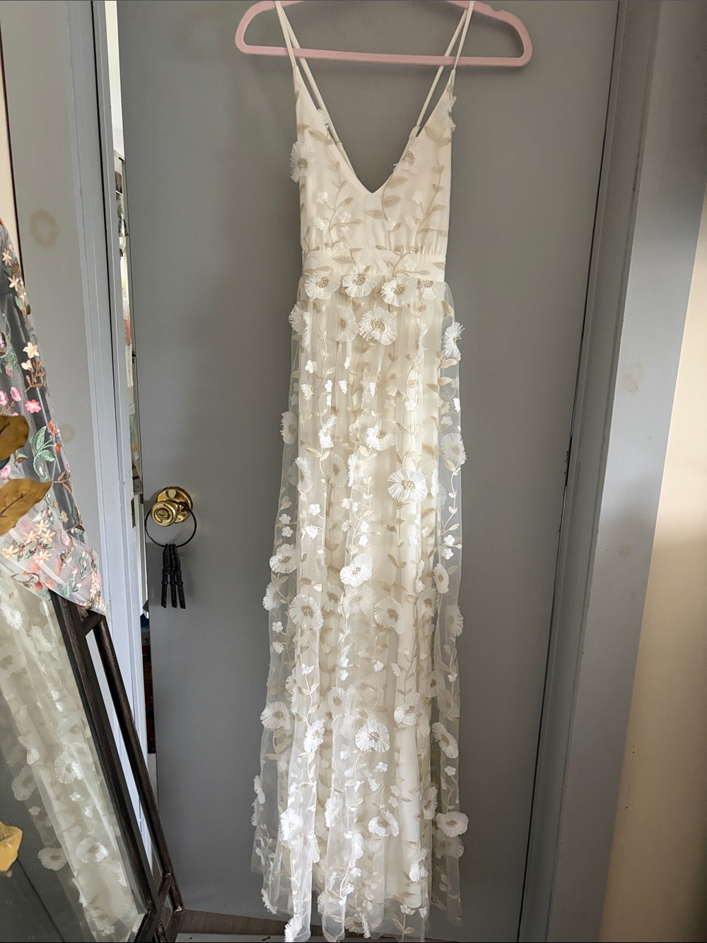 Altar'd State Ivory Floral Appliqué Spaghetti Strapless Dress